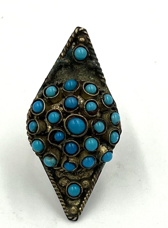 Antique Antique 800 Silver Czech Turquoise Ring Large Diamond Shaped Adjustable Size