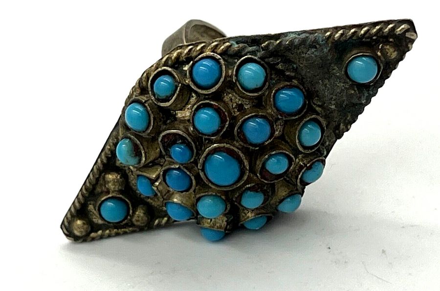 Antique Antique 800 Silver Czech Turquoise Ring Large Diamond Shaped Adjustable Size