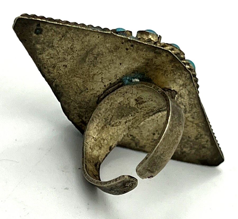 Antique Antique 800 Silver Czech Turquoise Ring Large Diamond Shaped Adjustable Size