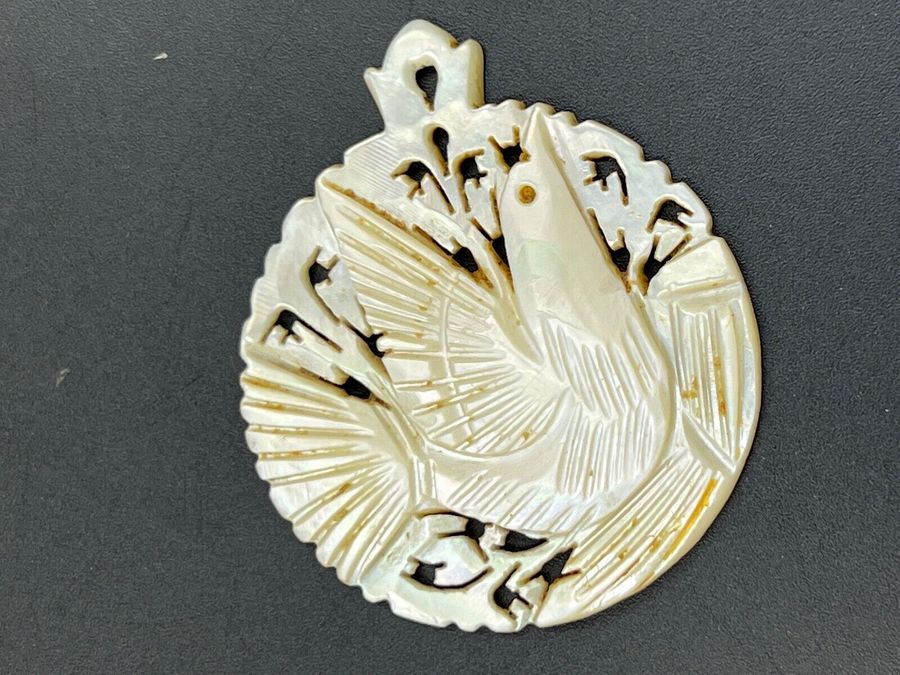 Antique Antique Victorian Hand Carved Pendant Mother of Pearl Dove