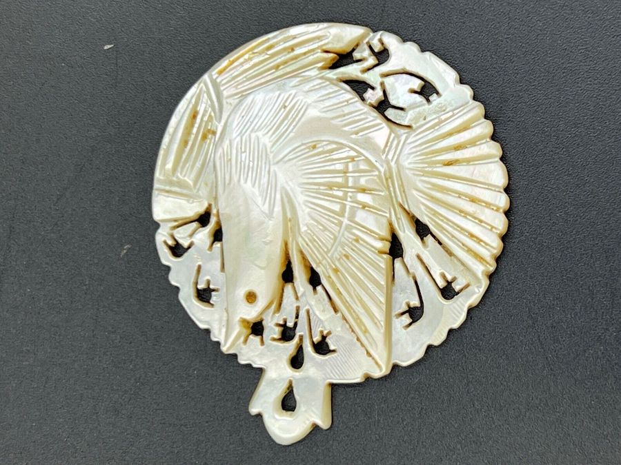 Antique Antique Victorian Hand Carved Pendant Mother of Pearl Dove