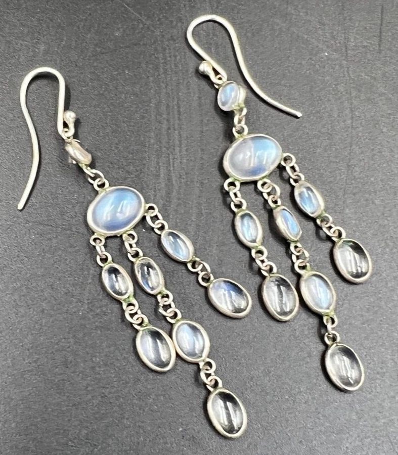 Antique Antique Victorian Moonstone Cacochon Silver Drop Earrings Pierced Ears