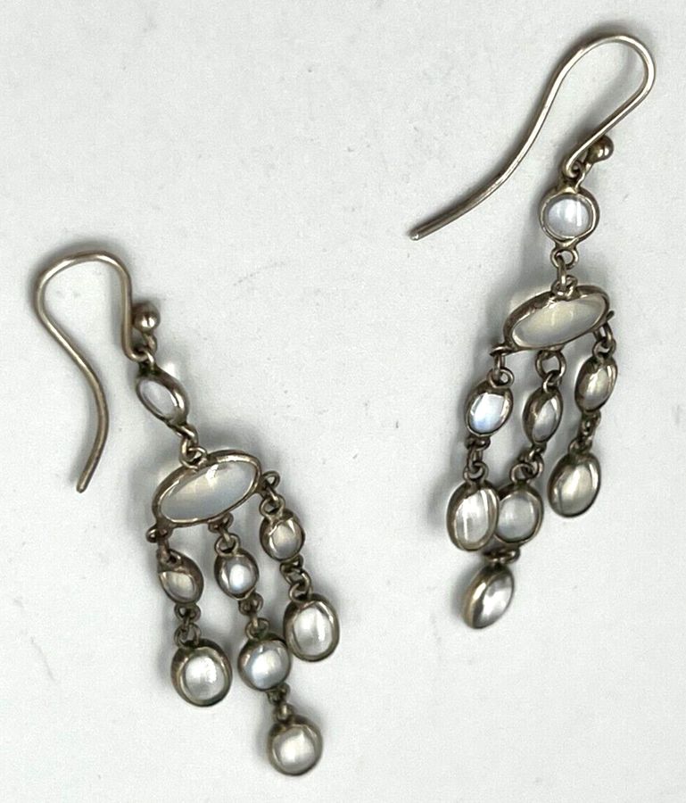 Antique Antique Victorian Moonstone Cacochon Silver Drop Earrings Pierced Ears