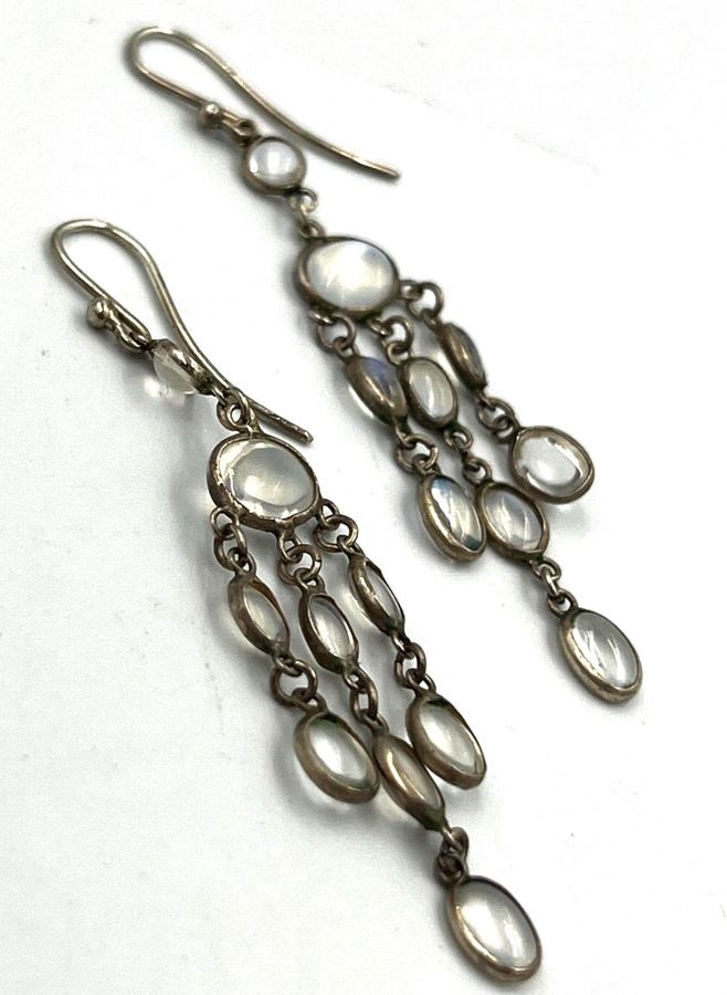 Antique Antique Victorian Moonstone Cacochon Silver Drop Earrings Pierced Ears