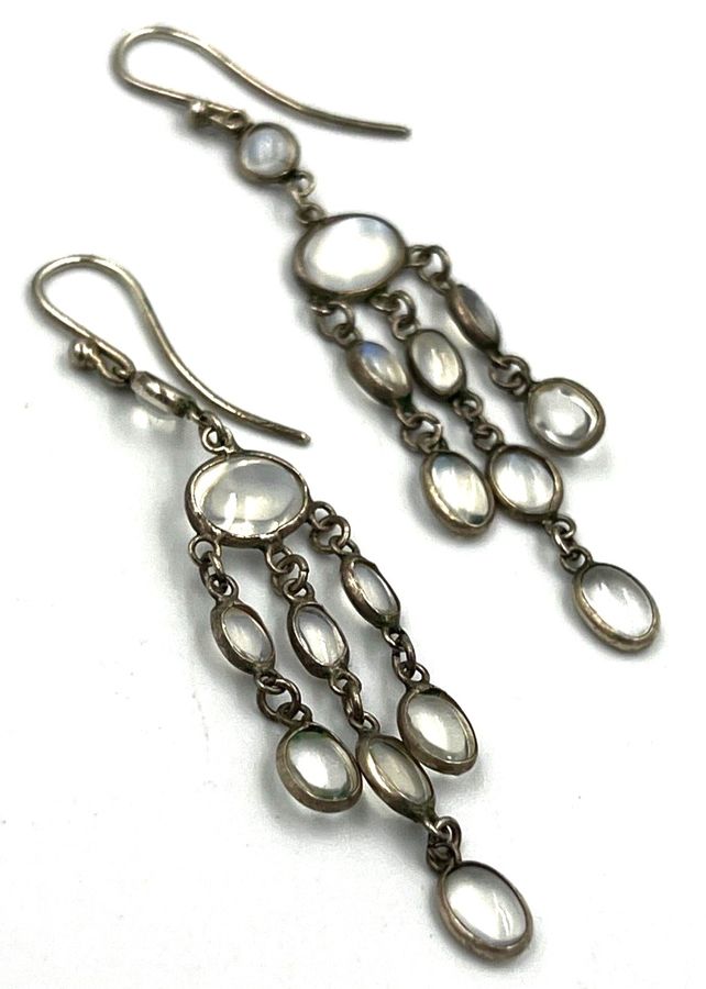 Antique Antique Victorian Moonstone Cacochon Silver Drop Earrings Pierced Ears