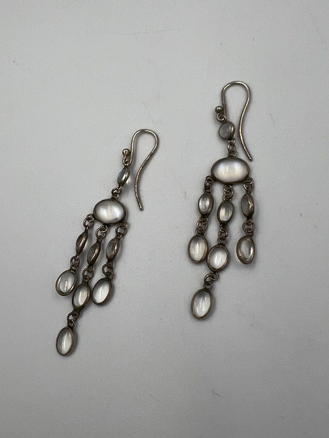 Antique Antique Victorian Moonstone Cacochon Silver Drop Earrings Pierced Ears