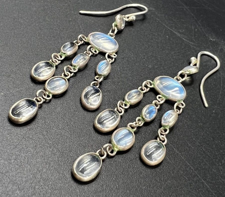 Antique Antique Victorian Moonstone Cacochon Silver Drop Earrings Pierced Ears