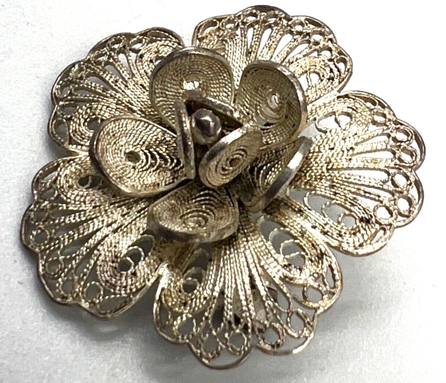 Antique Vintage Sterling Silver Filigree Round Flower Brooch