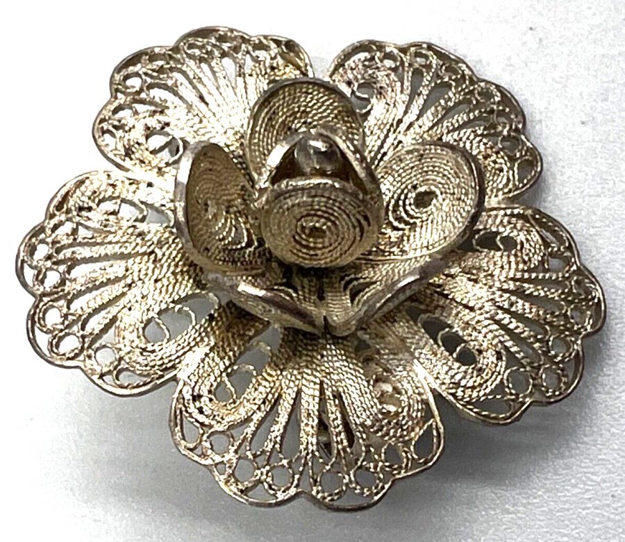 Antique Vintage Sterling Silver Filigree Round Flower Brooch