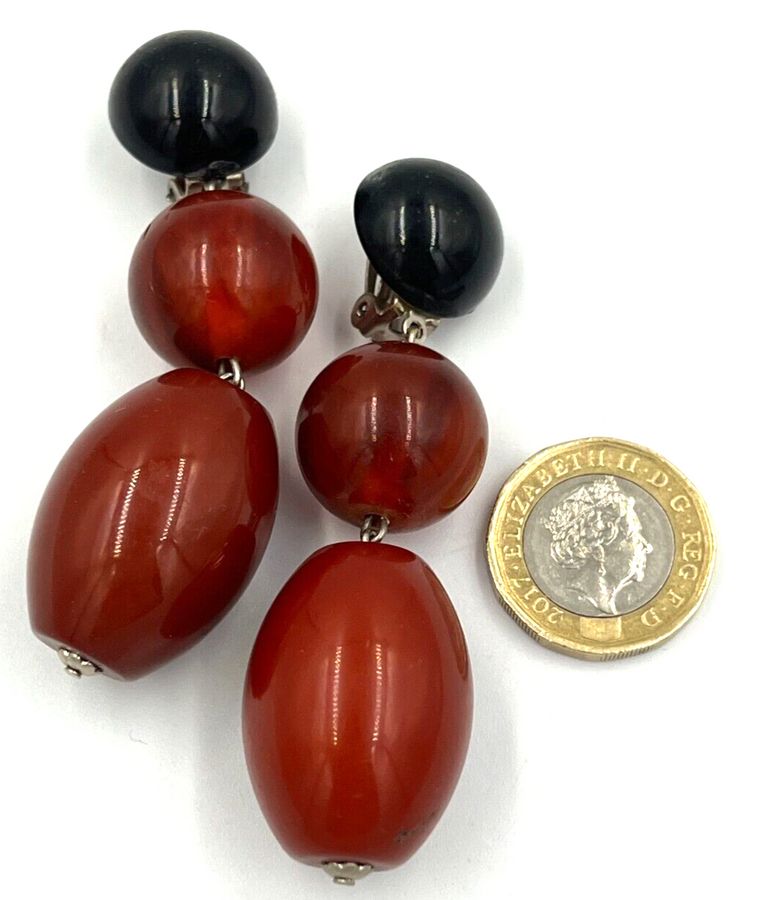 Antique Antique Art Deco Bakelite Amber Earrings Clip On Ex Large Chunky