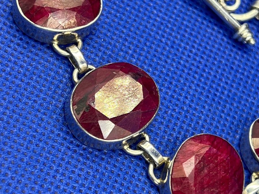 Antique Vintage Sterling Silver & Red Beryl Gem Set Bracelet Large Facet Cut Gemstones