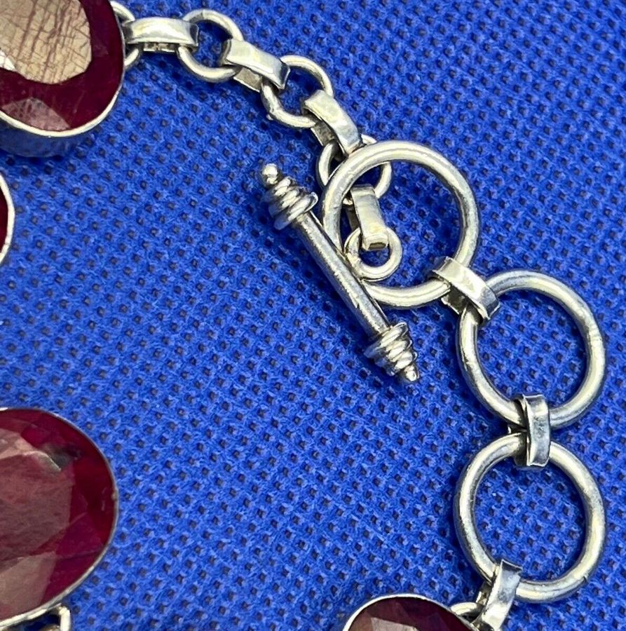 Antique Vintage Sterling Silver & Red Beryl Gem Set Bracelet Large Facet Cut Gemstones