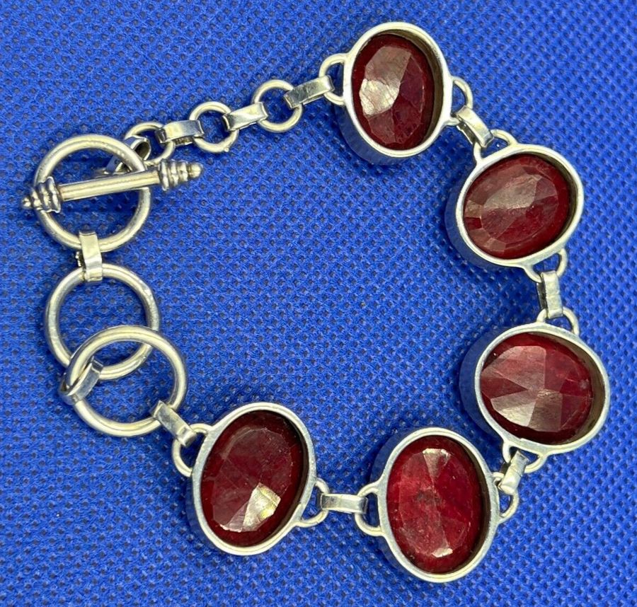 Antique Vintage Sterling Silver & Red Beryl Gem Set Bracelet Large Facet Cut Gemstones