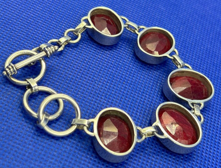 Antique Vintage Sterling Silver & Red Beryl Gem Set Bracelet Large Facet Cut Gemstones