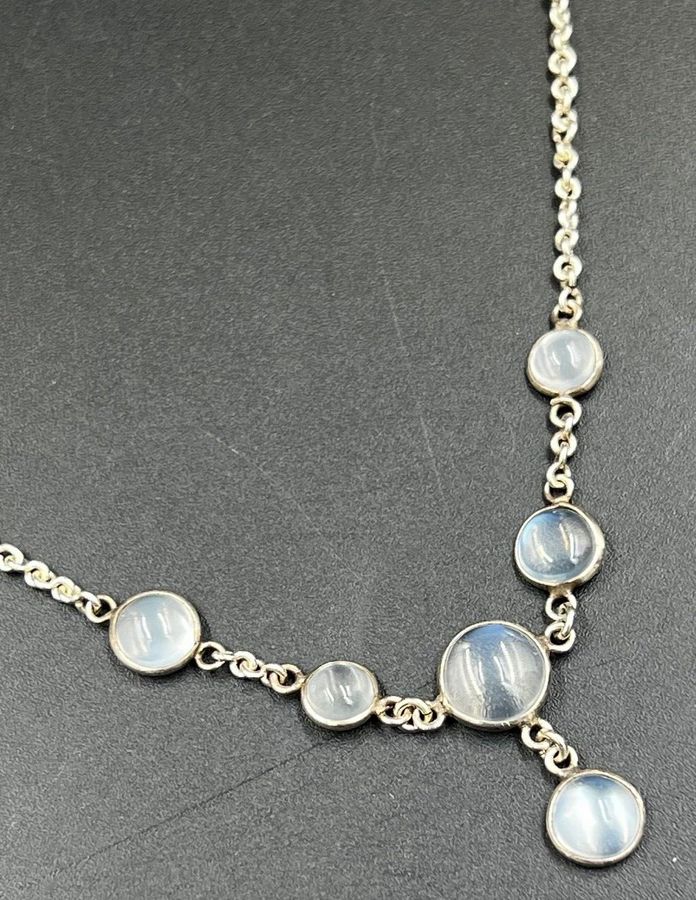 Antique Antique Victorian Moonstone Cabochon & Silver Riviere Necklace