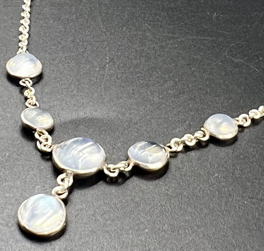 Antique Antique Victorian Moonstone Cabochon & Silver Riviere Necklace