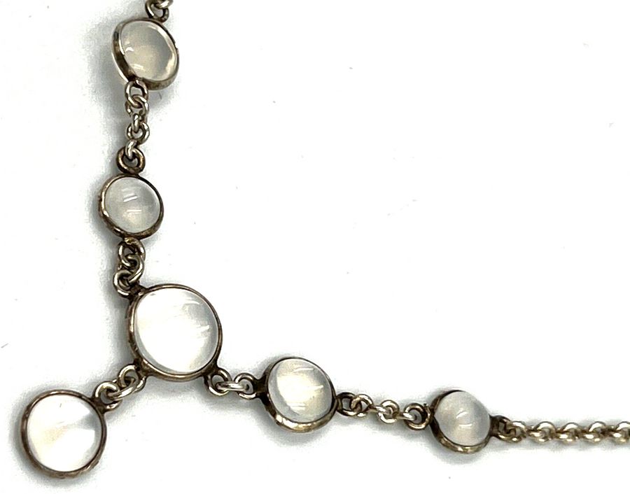 Antique Antique Victorian Moonstone Cabochon & Silver Riviere Necklace