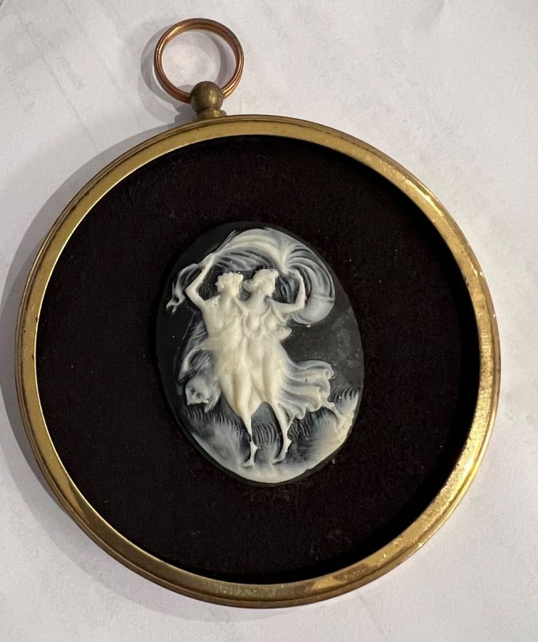 Antique Vintage Carved Cameo on Agate in Miniature Brass Frame & Glazed