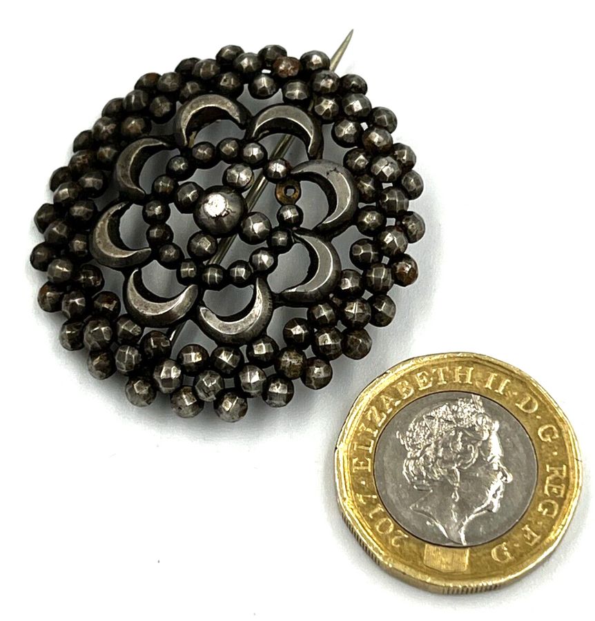 Antique Rare Antique Georgian Large Cut Steel Brooch Circa 1750 Riveted Half Moon Stones