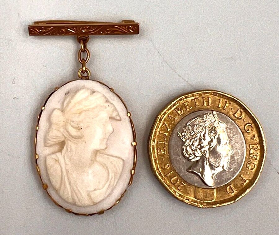 Antique Antique Art Deco 14CT Gold Bar Brooch & Hanging Shell Cameo