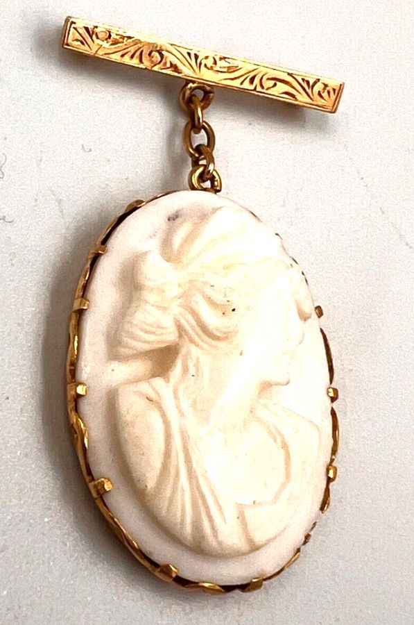 Antique Antique Art Deco 14CT Gold Bar Brooch & Hanging Shell Cameo