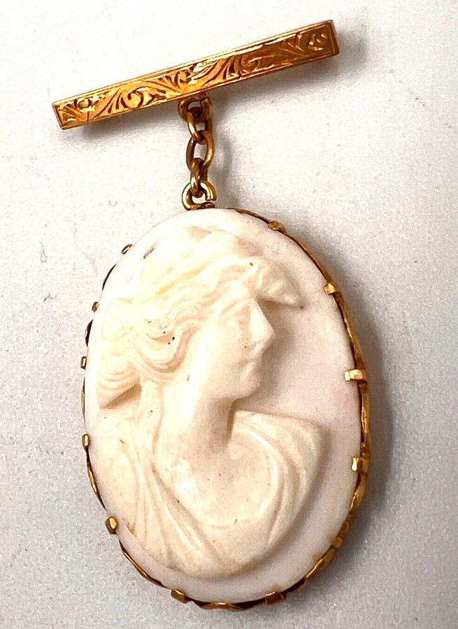 Antique Antique Art Deco 14CT Gold Bar Brooch & Hanging Shell Cameo