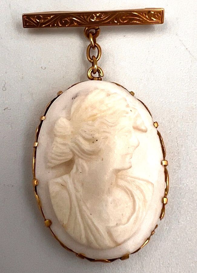 Antique Antique Art Deco 14CT Gold Bar Brooch & Hanging Shell Cameo