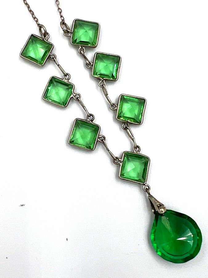 Antique Antique Art Deco Sterling Silver Rivière Necklace C 1920s Set with Czech Green