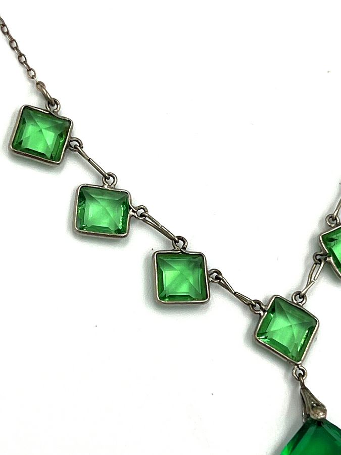 Antique Antique Art Deco Sterling Silver Rivière Necklace C 1920s Set with Czech Green