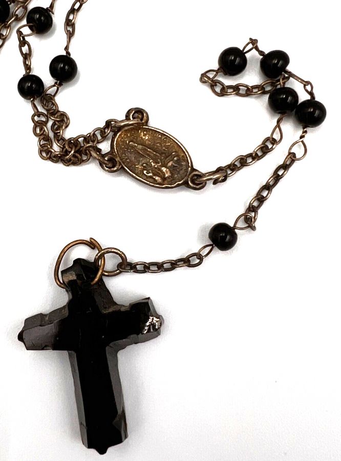 Antique Antique Naive Rare & Unusual French Jet Rosary Necklace Hand Cut Religious