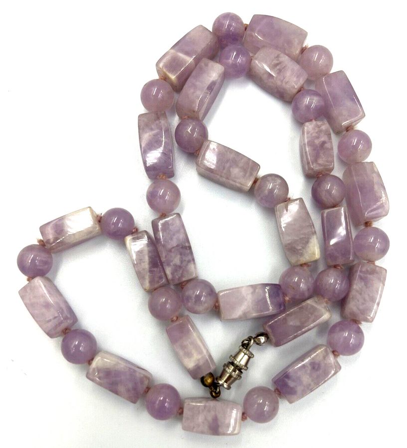 Antique Antique Chinese Lavender Jade Necklace Hand Cut  Square & Round Beads Circa 1910