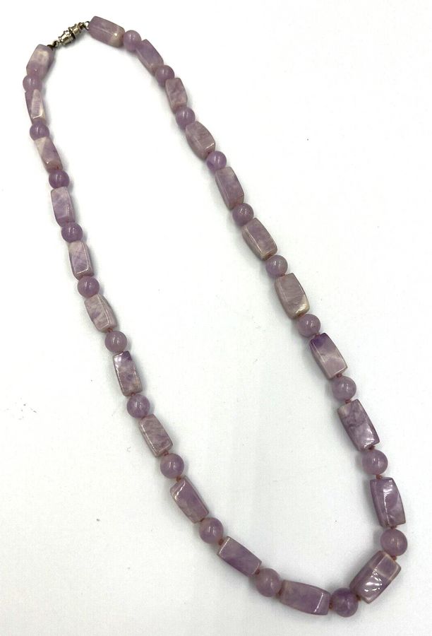 Antique Antique Chinese Lavender Jade Necklace Hand Cut  Square & Round Beads Circa 1910