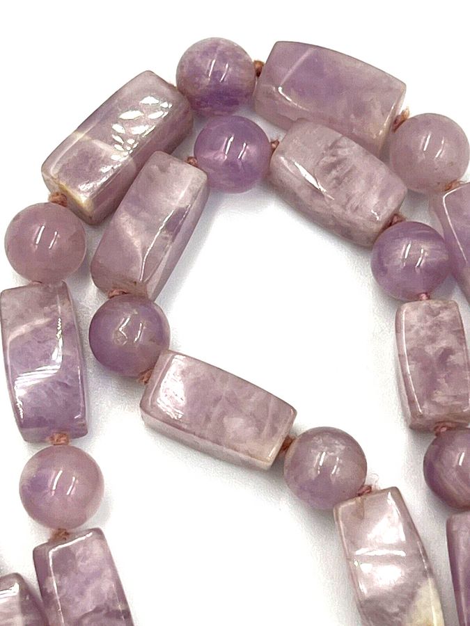 Antique Antique Chinese Lavender Jade Necklace Hand Cut  Square & Round Beads Circa 1910