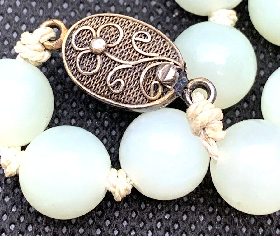 Antique Antique Chinese Celadon Necklace Jadeite Hand Knotted Silver Plated Clasp