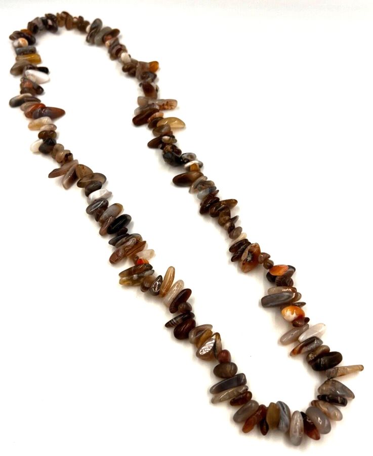 Antique Vintage Natural Banded Agate Long Polished Necklace Multicolour