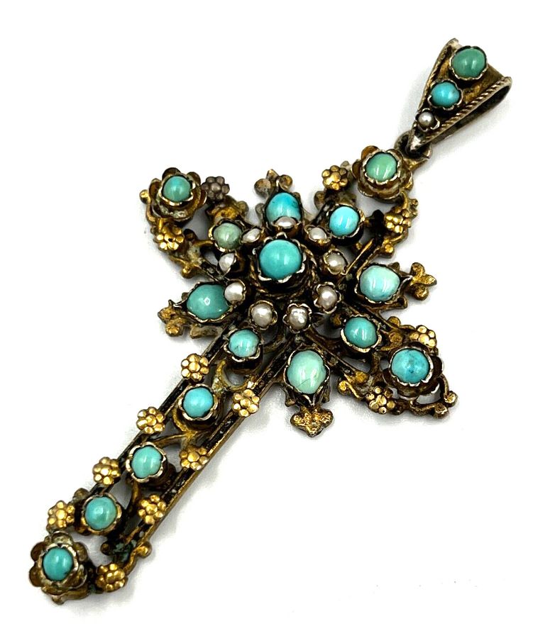 Antique Antique Austro Hungarian Large Cross Pendant Silver Gilt C1880 Turquoise & Pearl