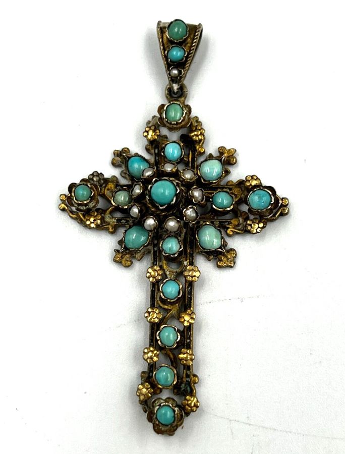 Antique Antique Austro Hungarian Large Cross Pendant Silver Gilt C1880 Turquoise & Pearl