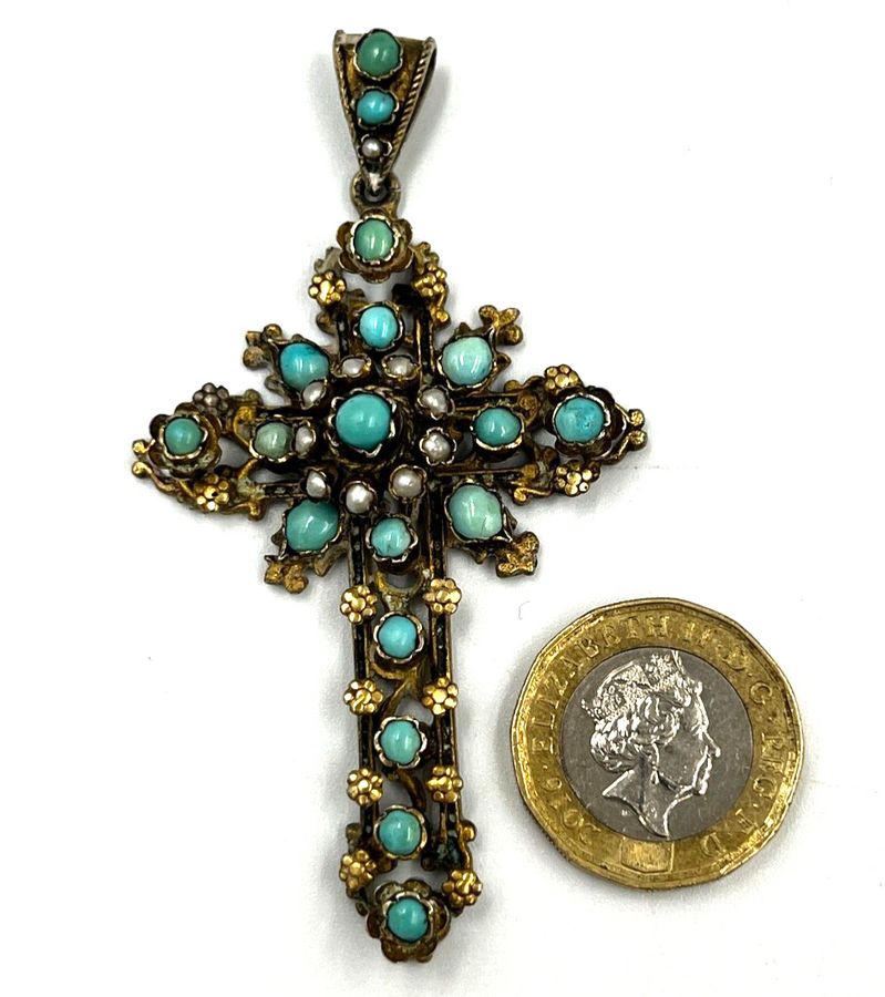 Antique Antique Austro Hungarian Large Cross Pendant Silver Gilt C1880 Turquoise & Pearl