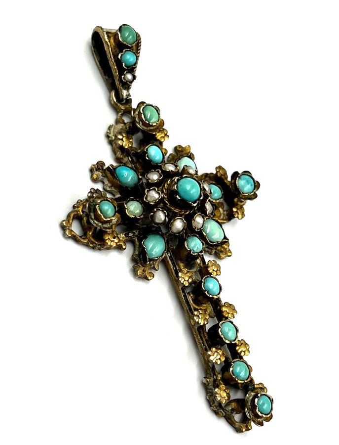 Antique Antique Austro Hungarian Large Cross Pendant Silver Gilt C1880 Turquoise & Pearl