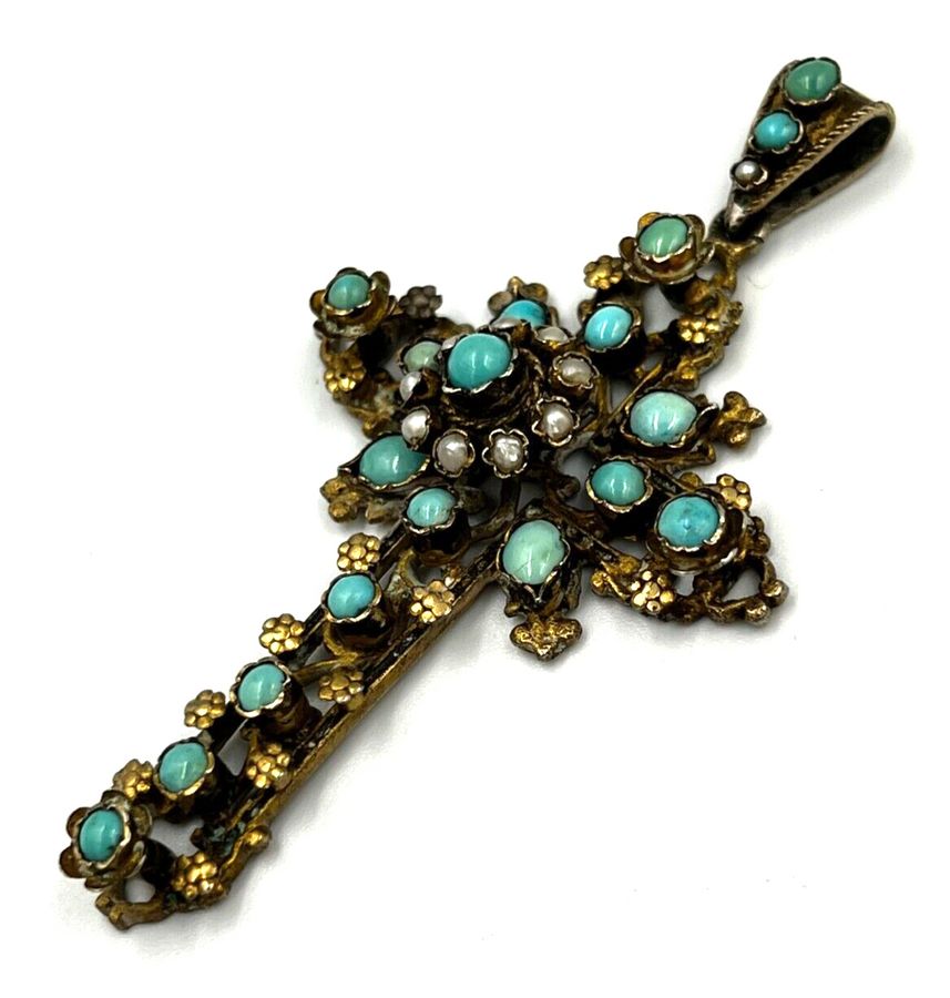 Antique Antique Austro Hungarian Large Cross Pendant Silver Gilt C1880 Turquoise & Pearl