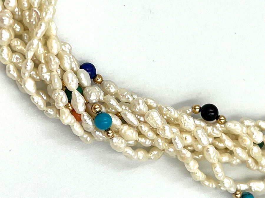 Antique Vintage Natural Seed Pearl 5 String Necklace Lapis Jet Turquoise Coral Malachite