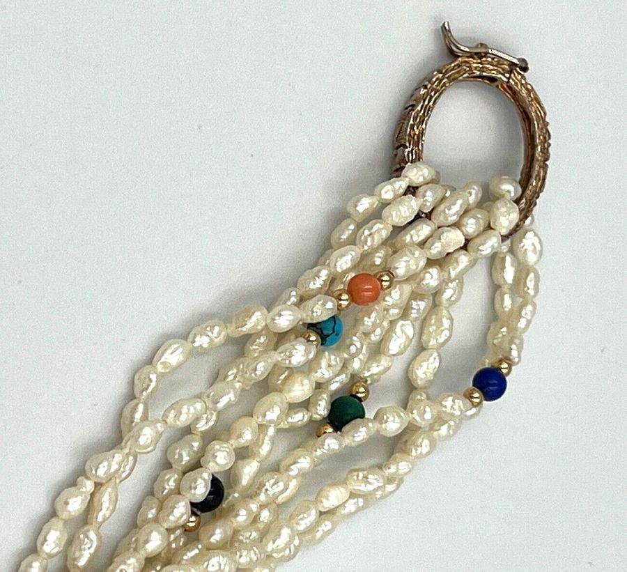 Antique Vintage Natural Seed Pearl 5 String Necklace Lapis Jet Turquoise Coral Malachite