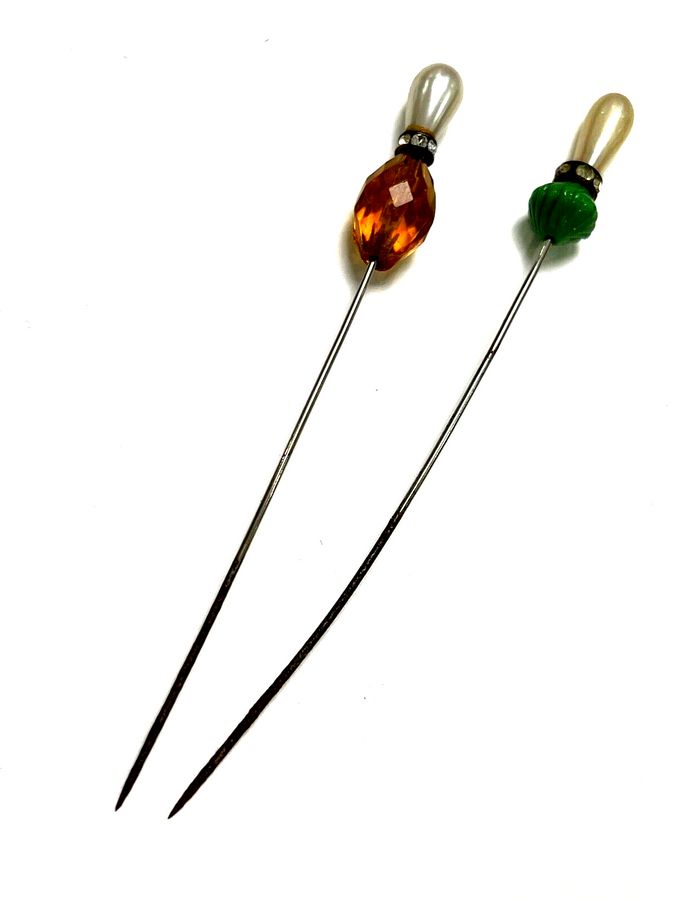 Antique Antique  Vintage  Hat Pins Amber and Green Bakelite