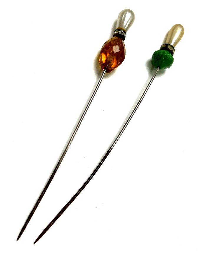 Antique Antique  Vintage  Hat Pins Amber and Green Bakelite