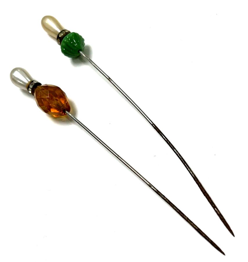 Antique Antique  Vintage  Hat Pins Amber and Green Bakelite