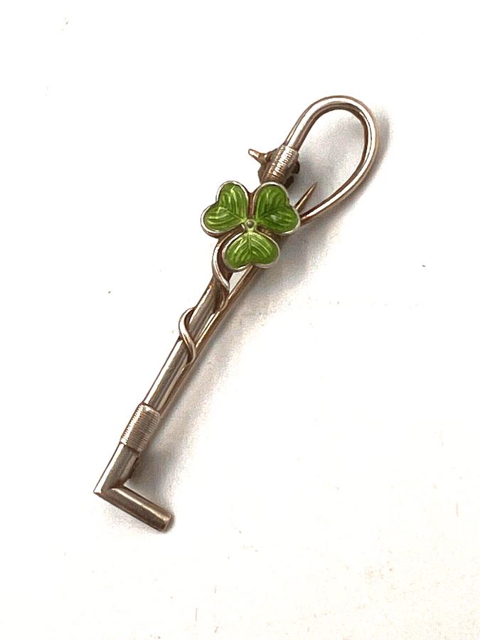 Antique Antique Art Deco Enamelled Clover Riding Crop Solid Silver Bar Brooch Pin