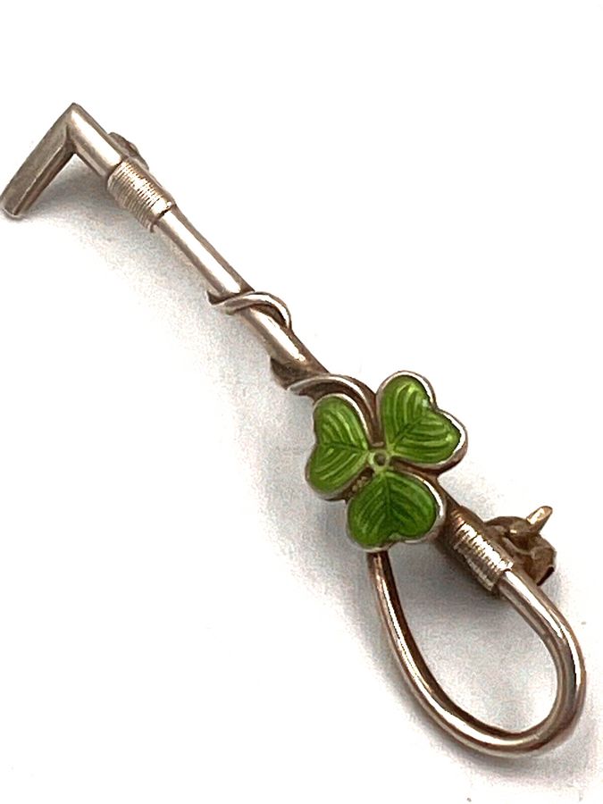 Antique Antique Art Deco Enamelled Clover Riding Crop Solid Silver Bar Brooch Pin