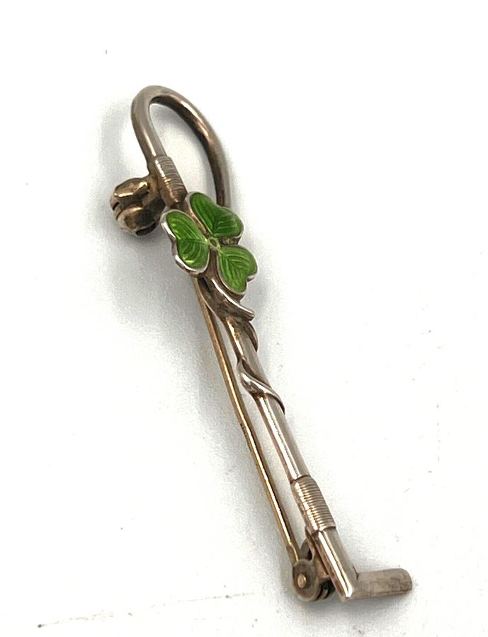 Antique Antique Art Deco Enamelled Clover Riding Crop Solid Silver Bar Brooch Pin