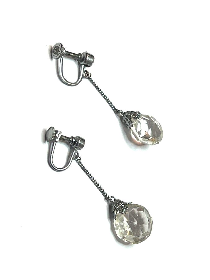 Antique Antique Art Deco Crystal and Silver plated Dangly Earrings Screw In