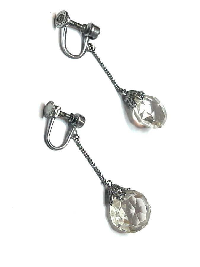 Antique Antique Art Deco Crystal and Silver plated Dangly Earrings Screw In